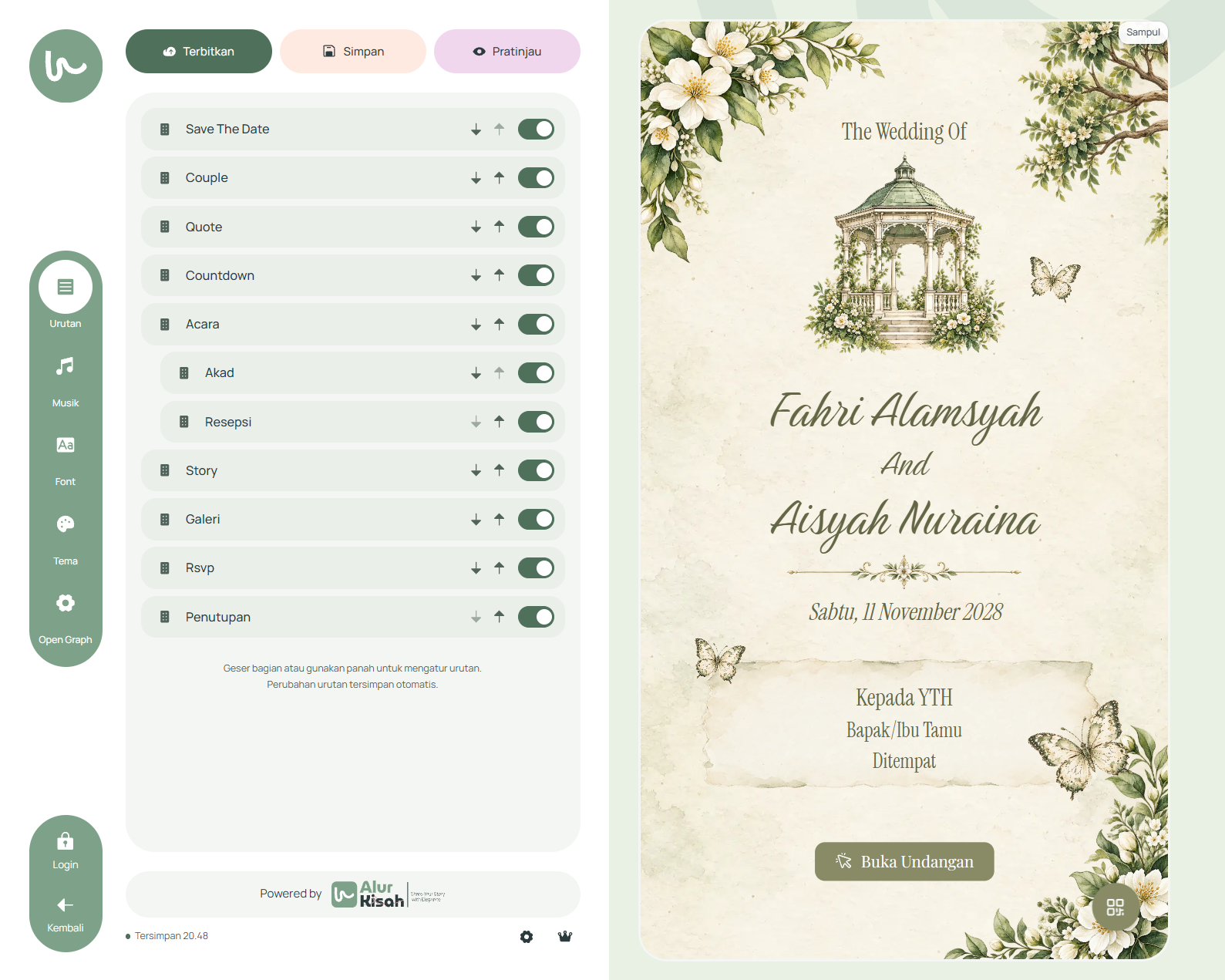 Editor Alur Kisah dengan pengaturan bagian undangan dan pratinjau desain pernikahan botanical